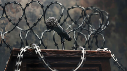 Microphone stands ready on a wooden podium surrounded by menacing coils of razor wire against a dark background.