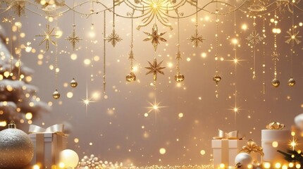 Elegant golden Christmas background featuring festive baubles and shimmering stars with a bokeh light pattern for a merry holiday celebration