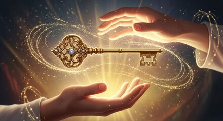 Two hands holding a golden key with a blue gemstone in the center, surrounded by swirling light and energy, against a dark background with a golden glow.