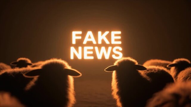 A flock of sheep watching a screen displaying 'Fake News' in a humorous setting.
