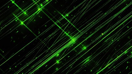 Dynamic Glowing Green Laser Beams and Particles on Black Background - Futuristic Data Stream, Cyber Technology, or Energy Flow Concept.