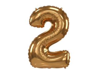 Golden Foil Balloon Number 2. Realistic 3D Isolated Two on Transparent Background