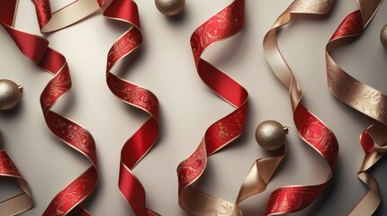 An isolated close up of a curled red and white satin ribbon bow used as a festive Christmas or Valentine decoration for a gift celebration