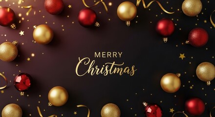 Christmas baubles and decorations on a dark background with gold and red baubles, stars, and confetti.