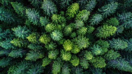 Vibrant Green Forest Canopy Aerial Top-Down View of Diverse Evergreen and Deciduous Trees Forming a Natural Pattern and Texture.