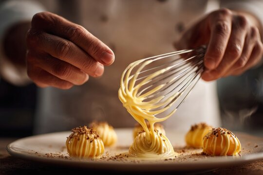 Hands holding wire whisk, drizzling yema over cookies. Concept of warm cozy kitchen atmosphere, showcasing delightful egg based dessert Filipino traditional experience.