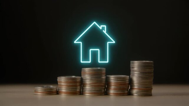Concept of real estate investment with a glowing house icon placed on a stack of coins representing financial growth.
