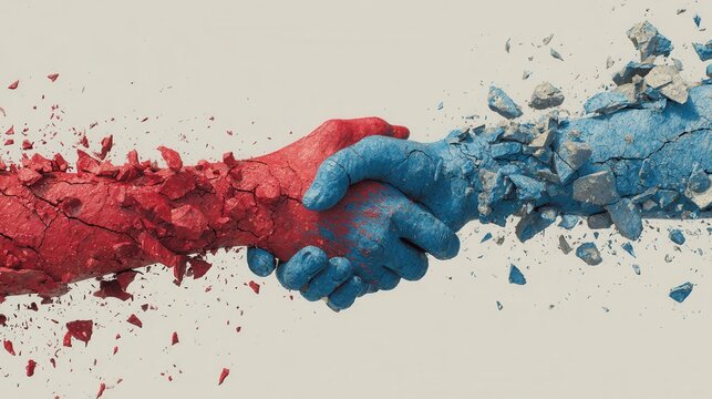 Shattered Friendship Red and Blue Hands Cracking and Breaking Apart in a Symbol of Division and Conflict.
