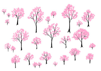 シンプルな手書きの桜の木のイラスト素材　Hand-drawn Cherry Blossom Tree Illustration Set, Sakura tree