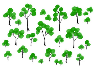 Hand drawn watercolor green tree illustration set　手書きの木と森のイラストセット