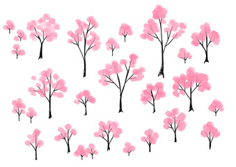シンプルな手書きの桜の木のイラスト素材　Hand-drawn Cherry Blossom Tree Illustration Set, Sakura tree