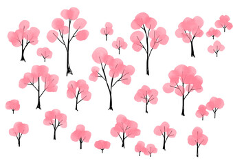 シンプルな手書きの桜の木のイラスト素材　Hand-drawn Cherry Blossom Tree Illustration Set, Sakura tree