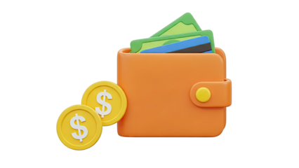 3D Orange Wallet with Cash, Cards, and Coins