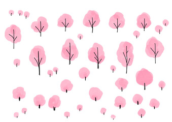 シンプルな手書きの桜の木のイラスト素材　Hand-drawn Cherry Blossom Tree Illustration Set, Sakura tree