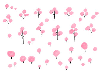 シンプルな手書きの桜の木のイラスト素材　Hand-drawn Cherry Blossom Tree Illustration Set, Sakura tree