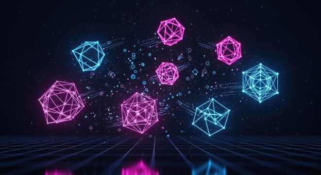 A digital abstract with neon blue and pink geometric shapes forming a network on a dark background. - Powered by Adobe
