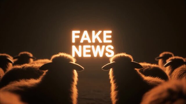 A flock of sheep watching a screen displaying 'Fake News' in a humorous setting.
