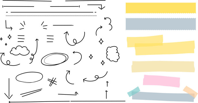 Hand drawn scribble and doodle element. Underline, emphasis line, shape, arrow, round, star, memo sticky note, sheet reminder, color office or school pages with tape, bullet journal dairy sheets set.
