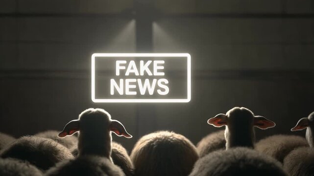 A flock of sheep watching a screen displaying 'Fake News' in a humorous setting.
