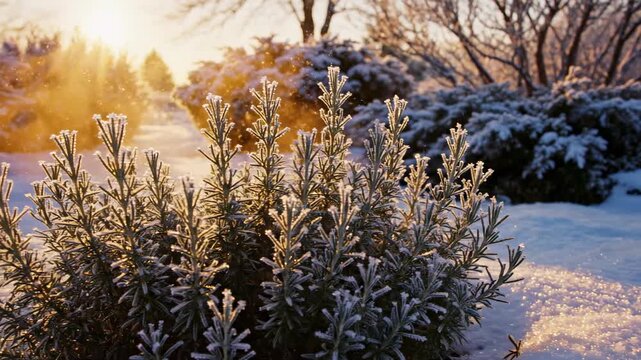 Beautiful wide cinematic shot of a winter garden featuring frosted rosemary bushes illuminated by warm golden hour sunlight symbolizing the cold season wintertime, holidays, gardenbed