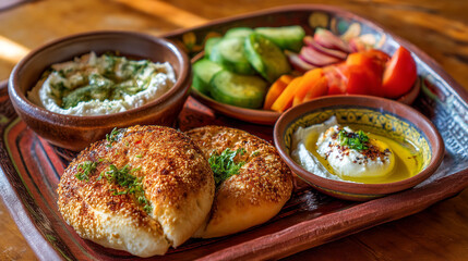 A platter of assorted foods including bread and various dips with fresh vegetables on a wooden table in a rustic setting