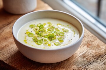 creamy potato leek soup served in ceramic bowl on wooden table near window light, homemade comfort food with simple styling, cozy kitchen scene, concept of restaurant menu, cafe branding
