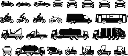 Silhouette collection of transportation vehicles including cars, motorcycles, bicycles, vans, buses, tow trucks, tankers, garbage trucks, forklifts and construction machines, vector icons set © Aklima