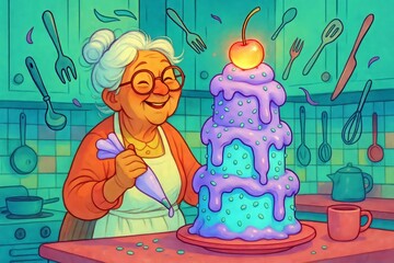 Smiling elderly grandmother with gray bun and round glasses pipes a tall turquoise cake with purple icing and cherry in the foreground, teal kitchen with utensils in the background, festive concept
