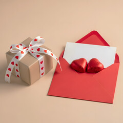 Valentine Gift Box and Love Letter with Heart Chocolates.