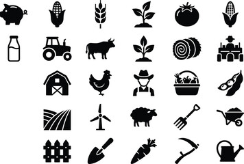 Obraz premium Black silhouette agriculture icons set featuring farm animals, tractor, barn, crops, gardening tools, windmill, farmer, and fresh organic produce symbols,