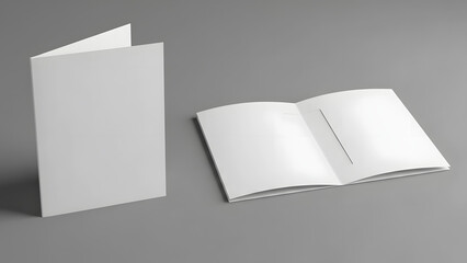 Blank Folder and Open Brochure Mockup on Gray Background.
