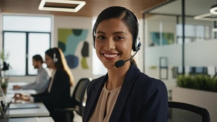 Cheerful customer service representative smiling at camera wearing headset in modern office setting