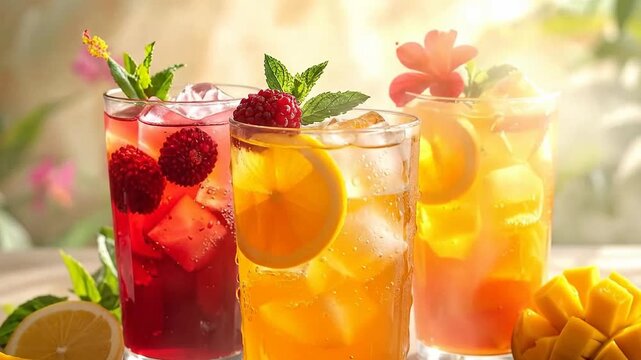 Refreshing fruity drinks with ice, garnished with fresh fruit and mint, sitting on a table.