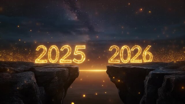 Glowing yellow numbers 2025 and 2026 on cliff edges with a bright light bridging the gap against a starry night sky with a cityscape in the background.