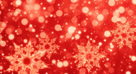 Red and white Christmas snowflakes with bokeh lights on a red background.