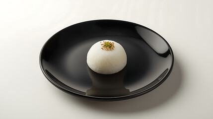 Single white dessert on black plate