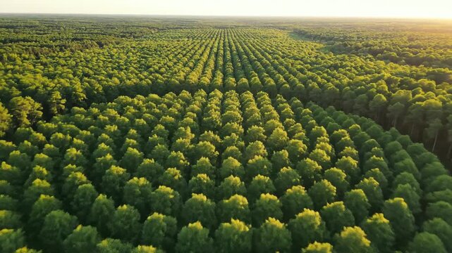 Breathtaking aerial drone shot flying over a vast dense forest revealing a perfectly organized circular planting pattern signifying intentional ecology nature, outdoors, wilderness