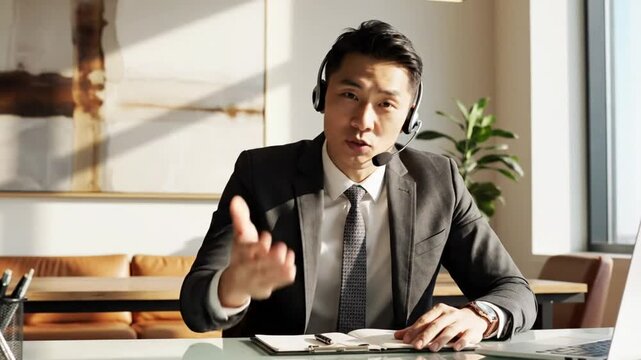 Focused business professional presenting business plan to audience on video call with positive outlook