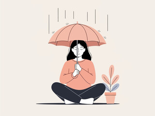Calm Woman Under Umbrella in Rain Flat Vector Illustration
