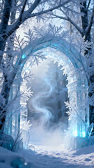 Glowing crystalline ice archway framed by snow covered forest trees with blue magical mist swirling through doorway into blurred winter woods, fairytale fantasy portal concept