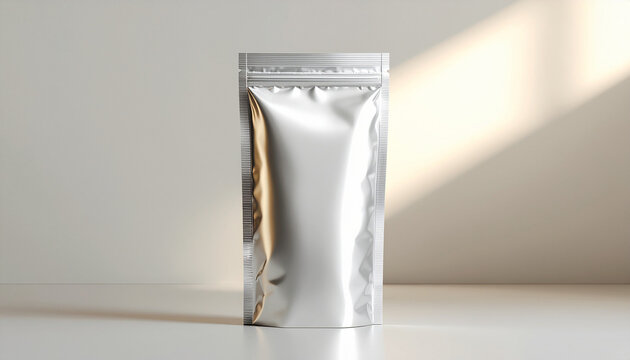 Blank silver stand-up pouch with zipper, isolated on a clean background with soft light, A metallic resealable pouch sits on a reflective surface, illuminated by gentle window light casting shadows