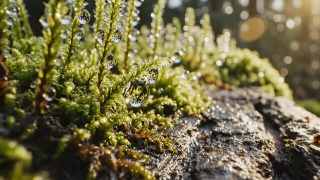 Closeup of vibrant green moss and tiny water droplets on a tree trunk in a sunlit forest environment.