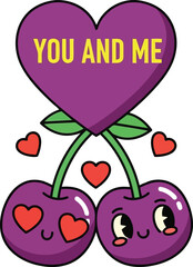 Cute couple cherries with 'you and me' heart   romantic cartoon love illustration