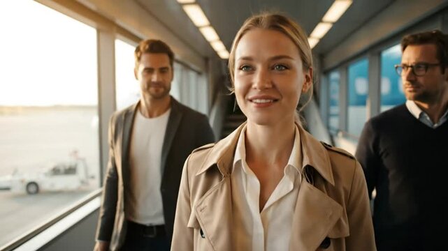 Three business travelers walking confidently down the jet bridge towards the terminal with sunlight filtering in