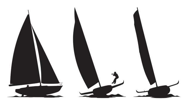 Sailboats Silhouettes on Water with Person Windsurfing