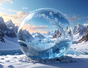 A large glass sphere reveals a frozen landscape, mountains, sky, and ice formations, reflecting the frosty environment