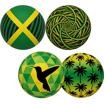 Vibrant Spheres with Jamaican Flag, Yarn, Hummingbird, and Palm Trees
