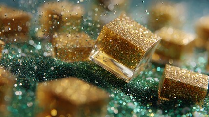 Golden Glitter Cube: Sparkling Transparent Crystal with Green Sparkle Background