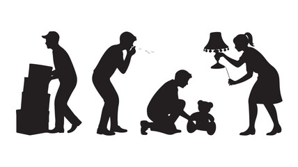 Silhouettes of People Moving In, Unpacking Boxes, and Assembling Furniture