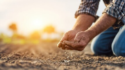 Farmer's hands planting seeds in the soil.